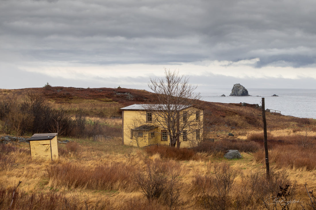 Five versions of the same Newfoundland coastal photograph showing an abandoned yellow house beneath dark storm clouds overlooking the ocean including the original unedited RAW file and four edited compositions